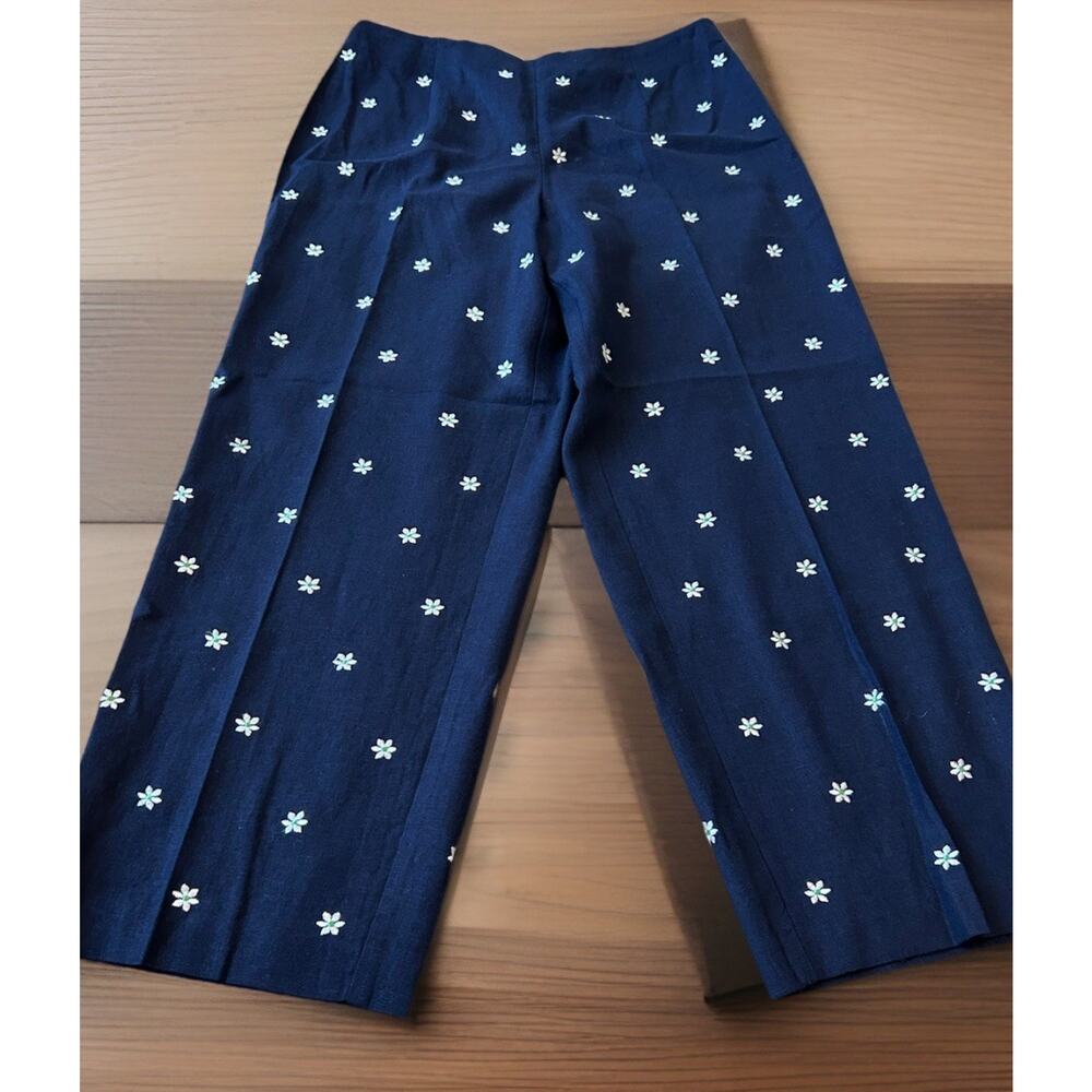 90s VTG Linen Capri Pants Sz 8 Navy Blue Embroidered Flowers Y2K Casual Resort
